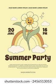 Groovy flower character in a trendy retro psychedelic style 60s, 70s. Hello summer jazz party. Event poster, invitation card. Vector illustration.