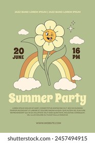 Groovy flower character in a trendy retro psychedelic style 60s, 70s. Hello summer jazz party. Event poster, invitation card. Vector illustration.