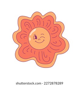 Groovy flower character vector illustration. Positive winking flower character in retro cartoon style for print, kids, baby