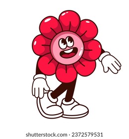 Groovy flower character vector illustration. Cartoon isolated cute summer psychedelic mascot with funny face walking, glossy flower sticker of hippy vibe with arms and legs, happy floral emoji