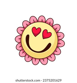 Groovy flower character vector illustration. Cartoon isolated retro floral sticker with psychedelic trippy face, petals and hearts in eyes, cute funky flower emoji in love, mascot of Valentines Day
