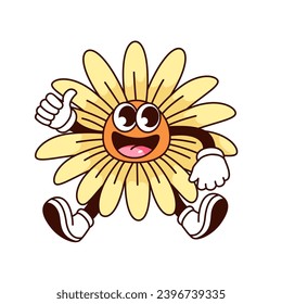 Groovy flower character vector illustration. Cartoon isolated retro cute sticker of summer sunflower with positive gesture thumbs up, happy daisy flower with surprise happy expression on floral face