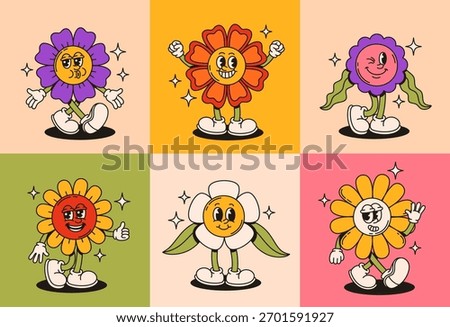 Groovy flower characters in retro style. Flat vector illustration.
