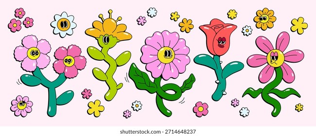 Conjunto de personajes de flores Groovy aislados sobre fondo blanco. Ilustración de dibujos animados de Vector de color divertido rosa, margarita, manzanilla, mascotas felices con ojos y caras sonrientes, pegatinas florales de estilo retro