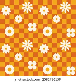 Groovy flower checkered pattern. Retro seamless pattern with simple flowers in 1970s style. Groovy background for Tshirt, poster, card and print. Doodle vector