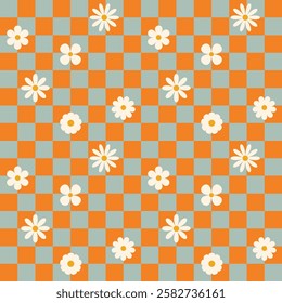 Groovy flower checkered pattern. Retro seamless pattern with simple flowers in 1970s style. Groovy background for Tshirt, poster, card and print. Doodle vector