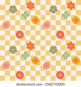 Groovy flower checkered pattern. Retro seamless pattern with simple flowers in 1970s style. Groovy background for Tshirt, poster, card and print. Doodle vector