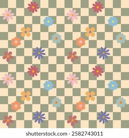 Groovy flower checkered pattern. Retro seamless pattern with simple flowers in 1970s style. Groovy background for Tshirt, poster, card and print. Doodle vector