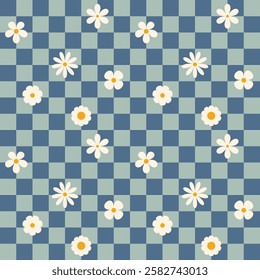 Groovy flower checkered pattern. Retro seamless pattern with simple flowers in 1970s style. Groovy background for Tshirt, poster, card and print. Doodle vector