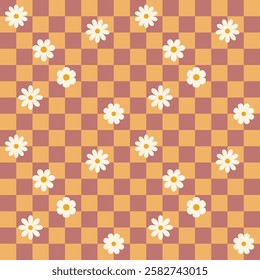 Groovy flower checkered pattern. Retro seamless pattern with simple flowers in 1970s style. Groovy background for Tshirt, poster, card and print. Doodle vector