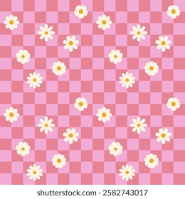 Groovy flower checkered pattern. Retro seamless pattern with simple flowers in 1970s style. Groovy background for Tshirt, poster, card and print. Doodle vector
