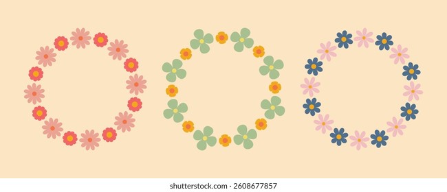 Groovy flower circle frame set. Floral circle frame. Hand drawn simple botanical round border, laurel, wreath with flowers. Vector illustration for wedding invitation, card, logo.