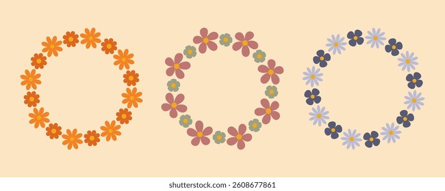 Groovy flower circle frame set. Floral circle frame. Hand drawn simple botanical round border, laurel, wreath with flowers. Vector illustration for wedding invitation, card, logo.