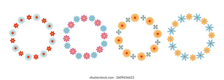 Groovy flower circle frame set. Floral simple circle frame. Hand drawn botanical round border, laurel, wreath with flowers illustration for wedding invitation, card, logo