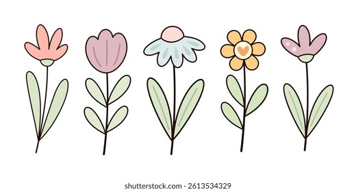 Groovy flower clipart, cute floral hand drawn seasonal objects. Spring, summer vector illustration in flat style	