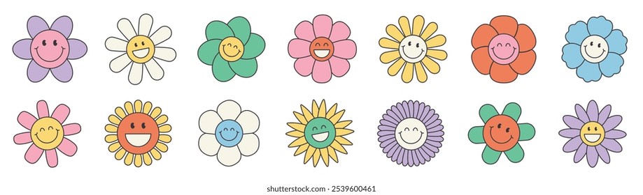 Groovy flower collection. Sunflower, happy daisy, happy flower, funny stickers, smile, sun.