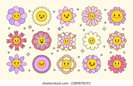 Groovy flower . Cute spring flowers, a colorful set of different flora. Vector set