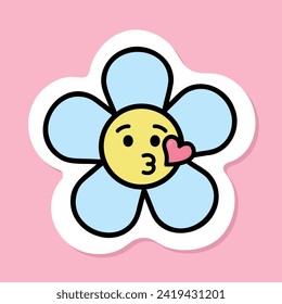 groovy flower face blowing a kiss sticker, anthropomorphic blue daisy flower with black outline, groovy aesthetic vector design element svg