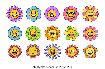 Rostos de flores Groovy. Feliz sorrindo margarida e rindo desenho animado girassol. Bonito hippie, flores retro funky e adesivos emojis florais positivos conjunto de ilustração vetor isolado.