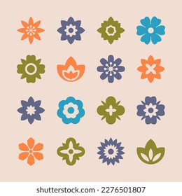 Groovy flower. Flat flower icons set. Retro 70s vector isolated elements. Hippie aesthetic style. Trippy funky geometric organic shapes. Psychedelic vintage decoration.