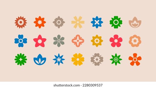 Groovy flower. Flat flower icons set. Retro 70s vector isolated elements. Hippie aesthetic style. Trippy funky geometric organic shapes. Psychedelic vintage decoration.