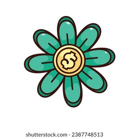 Groovy flower with gold dollar vector illustration. Cartoon isolated retro floral sticker or St Patricks Day celebration, magic flower with green petals and golden money, element of luck and success