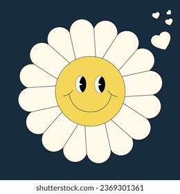 Groovy Flower Illustration Character. Funny happy daisy with eyes and smile. Sticker pack in trendy retro trippy style. Isolated vector illustration. Hippie 60s, 70s style.