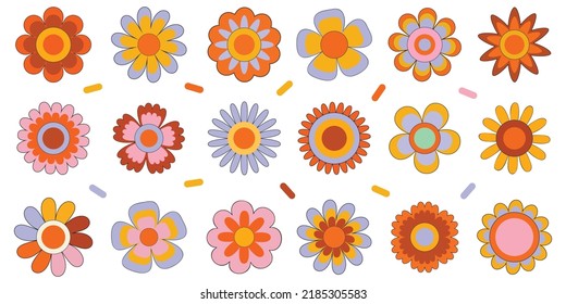 Groovy Flower Pack In Trendy Retro Hippie 60s, 70s Style. Cartoon Trendy Retro Style Flower Set. Cute Comic Doodle Stickers, Hallucination And Psychedelic Sticker.