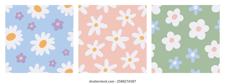 Groovy flower patterns set. Seamless endless background, floral repeating print. Summer botanical texture in hippie style for fabric, textile, wallpaper, wrapping design. Flat vector illustration