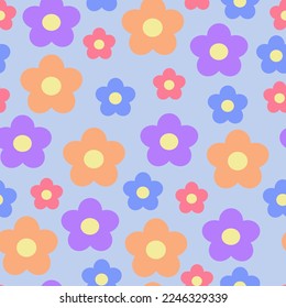 Groovy Flower Patterns Y2k Style. Abstract Square Seamless Patterns with Vintage Groovy Daisy Flowers. Colorful background, 60s, 70s, hippie aesthetic.