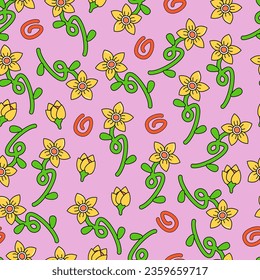 Groovy Blume Muster Y2k Stil. Retro 70er psychedelische, nahtlose Muster, wackelige Hippie-Hintergründe. Vintage Groovy Moderne Blumen. Psychedelische Tapete