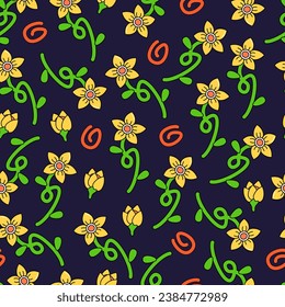 Groovy Flower Patterns Y2k Style. Retro 70s psychedelic seamless patterns, groovy hippie backgrounds. Vintage Groovy Modern Flowers. Psychedelic wallpaper