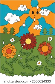 Póster de flor estupenda. Tarjeta floral botánica de moda, postal en estilo hippie psicodélico retro de moda de los años 70 y 80. Ilustración vectorial con flores, cielo, nubes y sol.