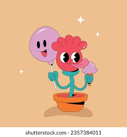 Groovy flower in a pot. Groovy character from the 90s. Cartoon style, isolated background. Editable stroke