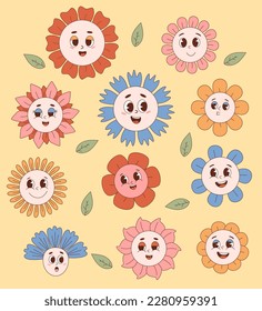 Groovy flower power. Funny retro hippie cartoon flowers. Isolated vector illustrations. Collection cute plants pack in trendy nostalgic cartoon style 70s 