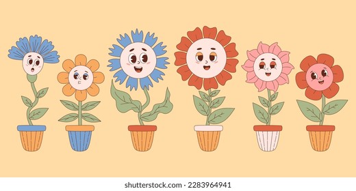 Groovy flower power hippie 70s. Funny retro trippy cartoon flowers in pots. Collection isolated vector illustrations. Sticker plants pack in trendy nostalgic cartoon style