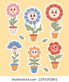 Groovy flower power hippie 70s. Funny retro trippy cartoon flowers in pots. Isolated vector illustrations. Collection cute stickers plants pack in trendy nostalgic cartoon style