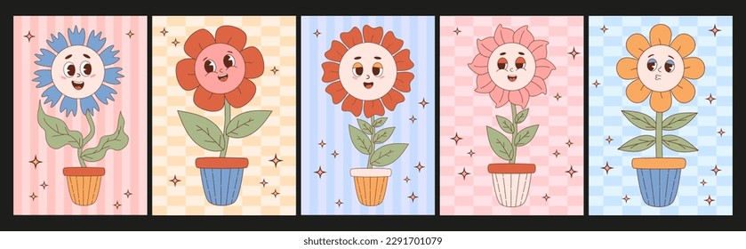 Groovy flower power. Retro vintage cartoon daisy flowers in pot. Cool vertical modern nostalgic posters. Vector illustration of mascot character. Collection Funny flowers in trendy hippie 70s style