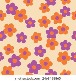 Groovy flower power seamless pattern. Retro, hippie vector floral all over surface print. Nostalgic 60s and 70s retro background.
