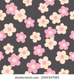 Groovy flower power seamless pattern. Retro, hippie vector floral all over surface print. Nostalgic 60s and 70s retro background.