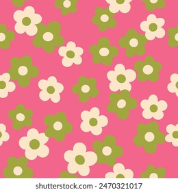 Groovy flower power seamless pattern. Retro, hippie vector floral all over surface print. Nostalgic 60s and 70s retro background.