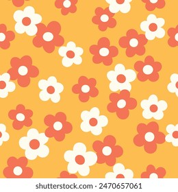 Groovy flower power seamless pattern. Retro, hippie vector floral all over surface print. Nostalgic 60s and 70s retro background.