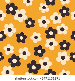 Groovy flower power seamless pattern. Retro, hippie vector floral all over surface print. Nostalgic 60s and 70s retro background.