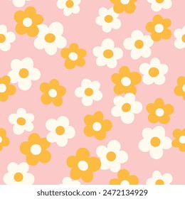 Groovy flower power seamless pattern. Retro, hippie vector floral all over surface print. Nostalgic 60s and 70s retro background.