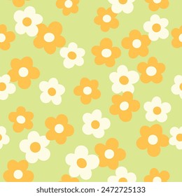 Groovy flower power seamless pattern. Retro, hippie vector floral all over surface print. Nostalgic 60s and 70s retro background.