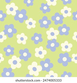 Groovy flower power seamless pattern. Retro, hippie vector floral all over surface print. Nostalgic 60s and 70s retro background.