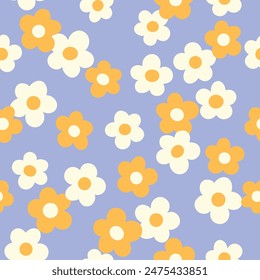 Groovy flower power seamless pattern. Retro, hippie vector floral all over surface print. Nostalgic 60s and 70s retro background.