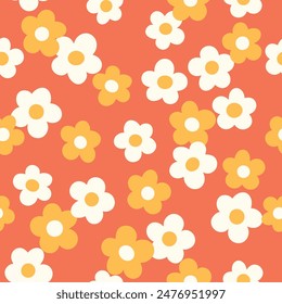 Groovy flower power seamless pattern. Retro, hippie vector floral all over surface print. Nostalgic 60s and 70s retro background.