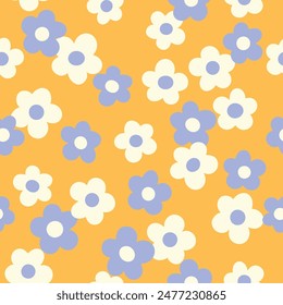 Groovy flower power seamless pattern. Retro, hippie vector floral all over surface print. Nostalgic 60s and 70s retro background.