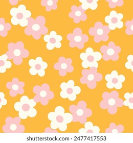 Groovy flower power seamless pattern. Retro, hippie vector floral all over surface print. Nostalgic 60s and 70s retro background.